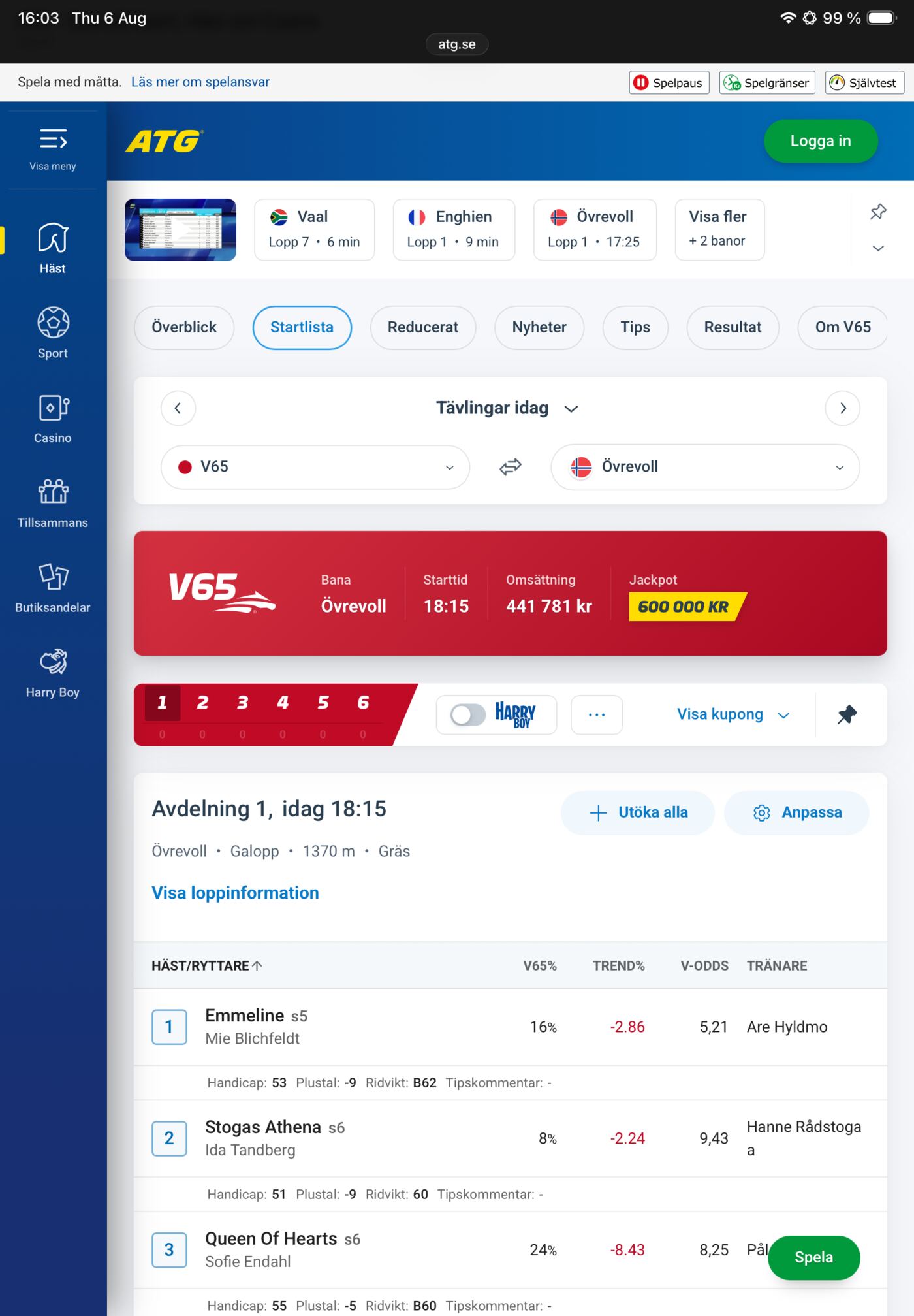 ATG galopp på Övrevoll – V65 startlista med hästar, ryttare och odds